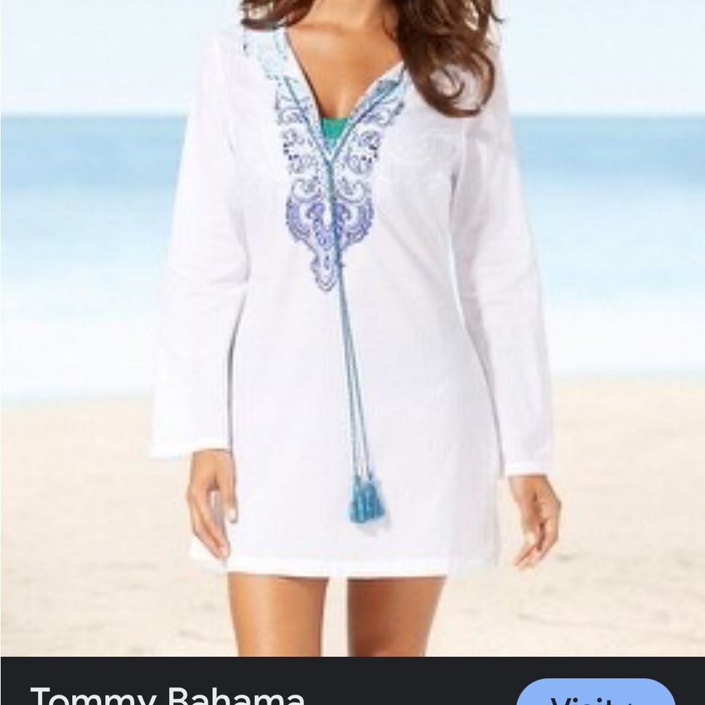 Tommy Bahama White Beaded Dress Swim Coverup Blue Teal Split Neck Tassels S